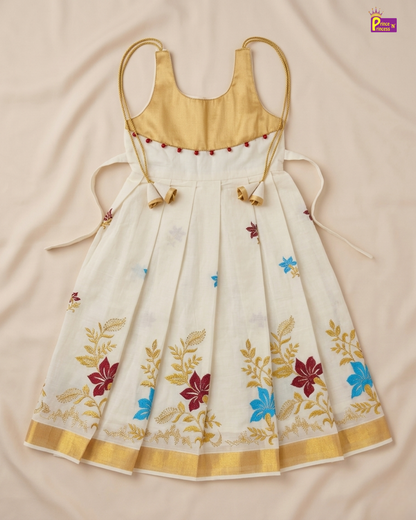 Girls Kerala Kasavu with Golden Traditional Long Gown - Colorful Flower Embordiary PG702