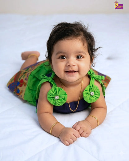 Toddlers Navy Blue Green Raw Silk Pattu Frock LF449