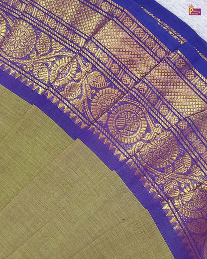 Saree with purple border and gold patterns on a white background