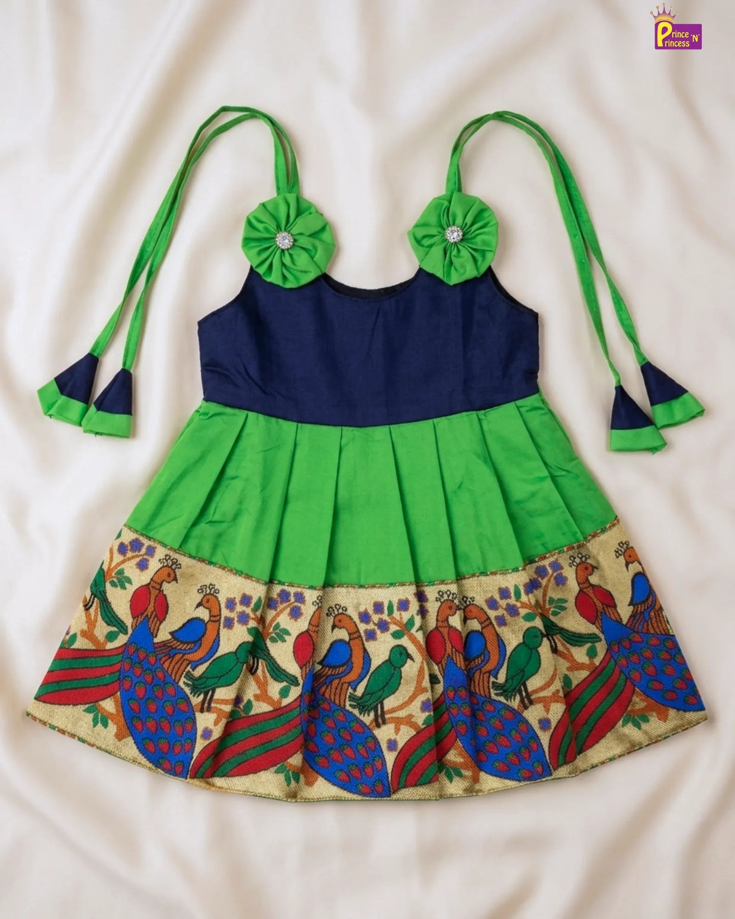 Toddlers Navy Blue Green Raw Silk Pattu Frock LF449