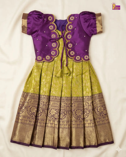 Traditional outfit with purple blouse and green and gold skirt on a white background