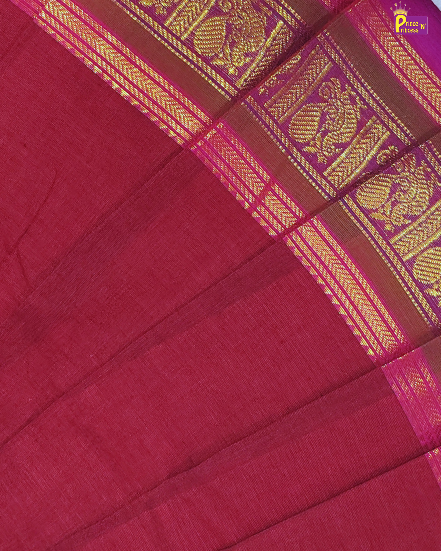 Red saree with gold border and patterns