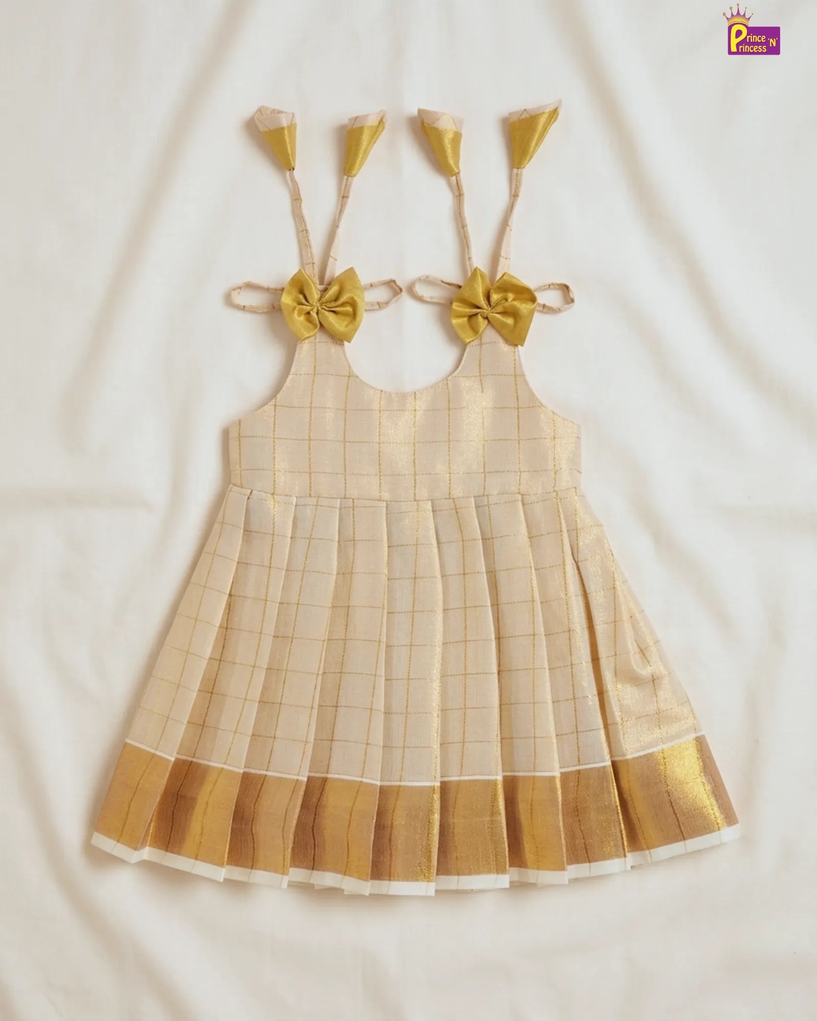 Newborn Baby Girl Onam Dress Cream Kerala Cotton Kasavu Frock with Gold Border and Bow On Shoulder – Prince N Princess