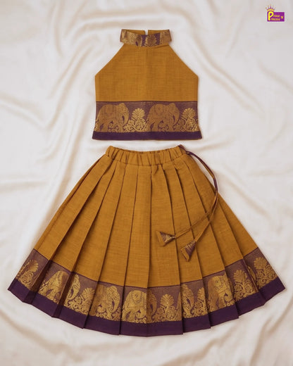 Mustard yellow and purple traditional outfit with elephant patterns on a white fabric background