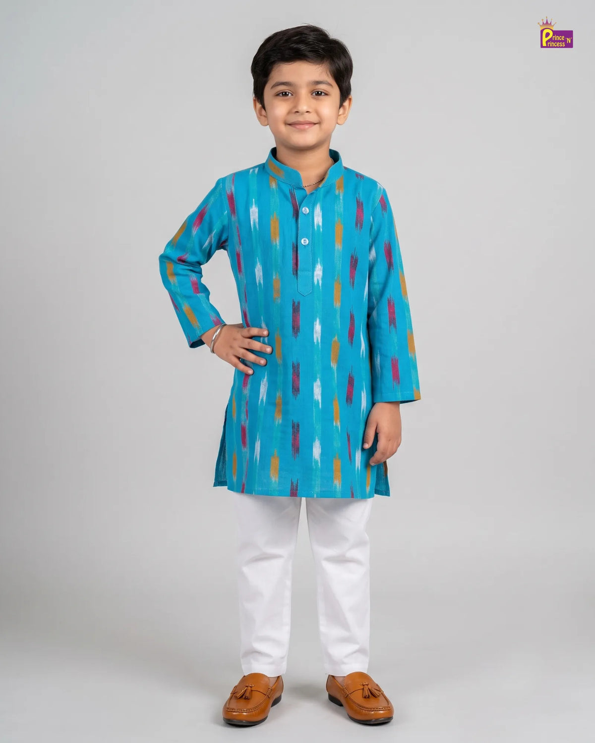 Boys Blue Pure Cotton Ikkat Kurta Pyjama Set KP232