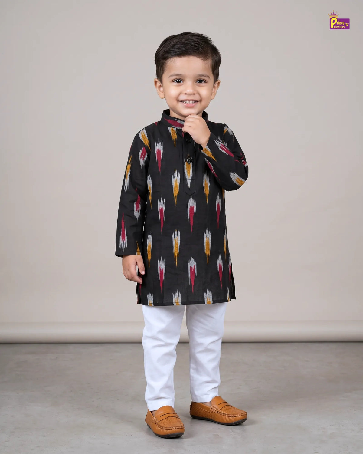 Boys Black Pure Cotton Ikkat Collar Kurta Pyjama Set KP234