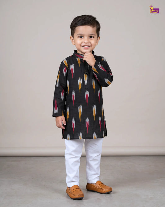 Boys Black Pure Cotton Ikkat Collar Kurta Pyjama Set KP234