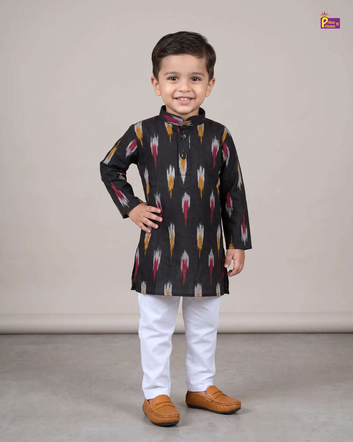 Boys Black Pure Cotton Ikkat Collar Kurta Pyjama Set KP234