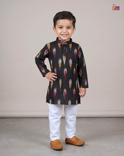 Boys Black Pure Cotton Ikkat Collar Kurta Pyjama Set KP234