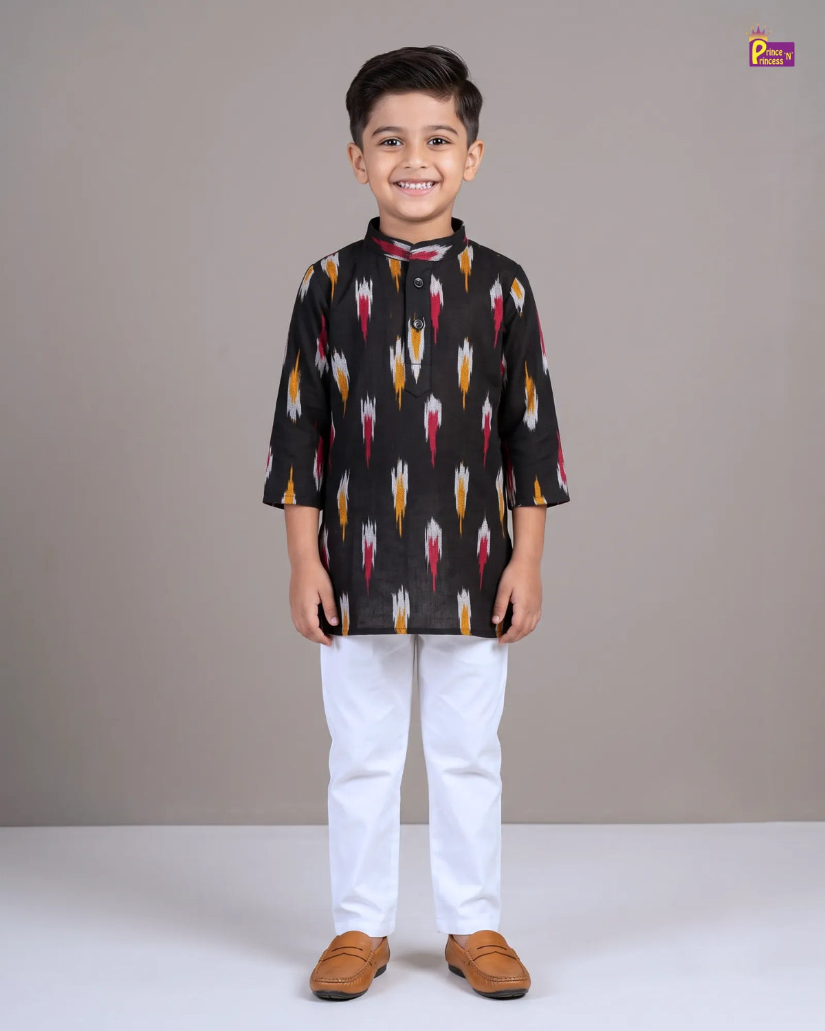 Boys Black Pure Cotton Ikkat Collar Kurta Pyjama Set KP234