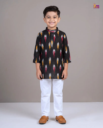 Boys Black Pure Cotton Ikkat Collar Kurta Pyjama Set KP234