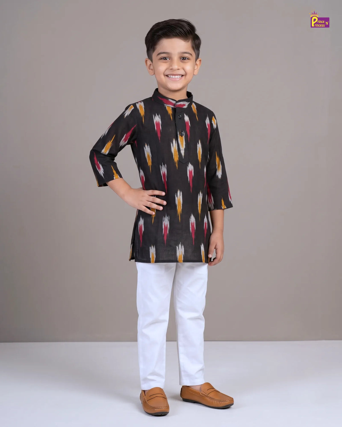 Boys Black Pure Cotton Ikkat Collar Kurta Pyjama Set KP234
