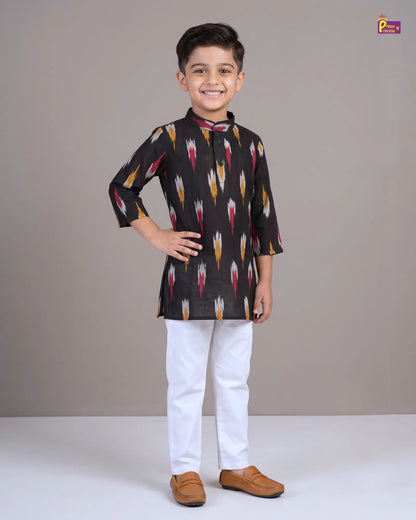 Boys Black Pure Cotton Ikkat Collar Kurta Pyjama Set KP234