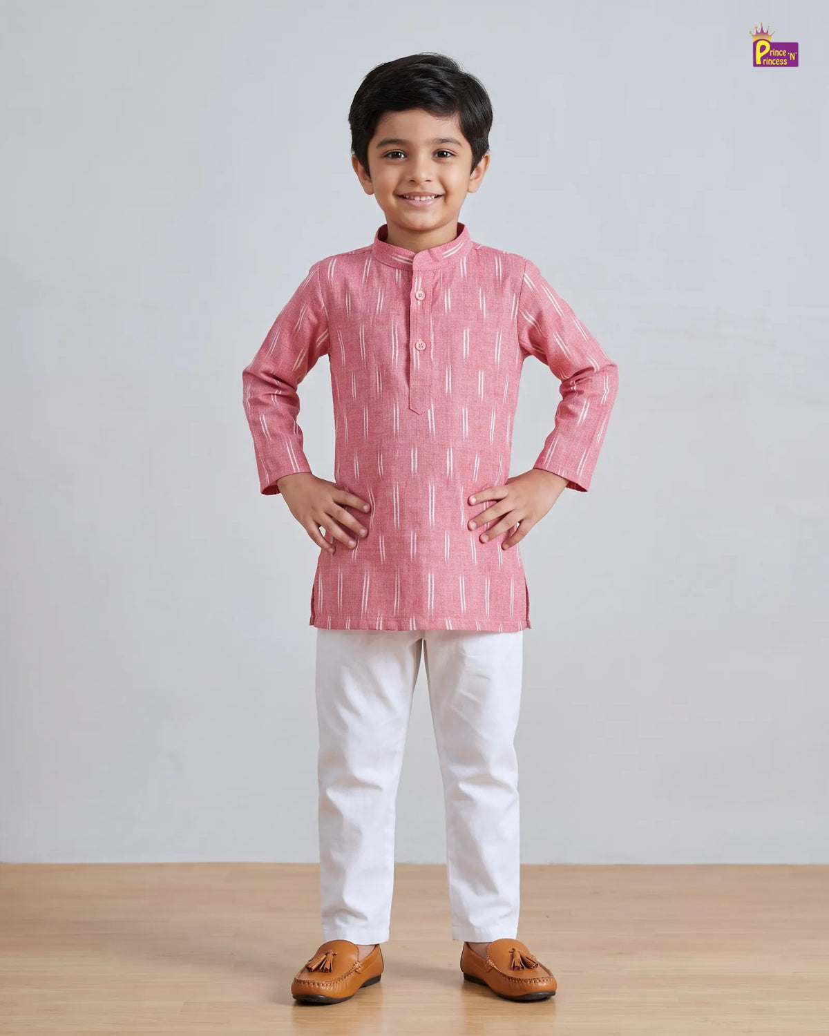 Boys Pink Pure Cotton Ikkat Collar Kurta Pyjama Set KP230