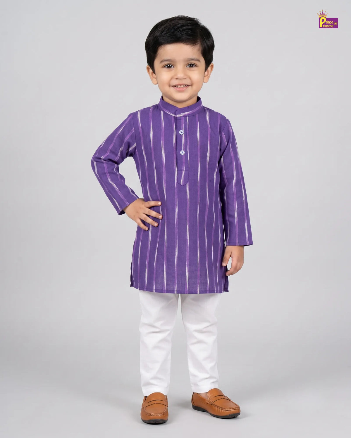 Boys Purple Striped Pure Cotton Ikkat Kurta Pyjama Set KP231