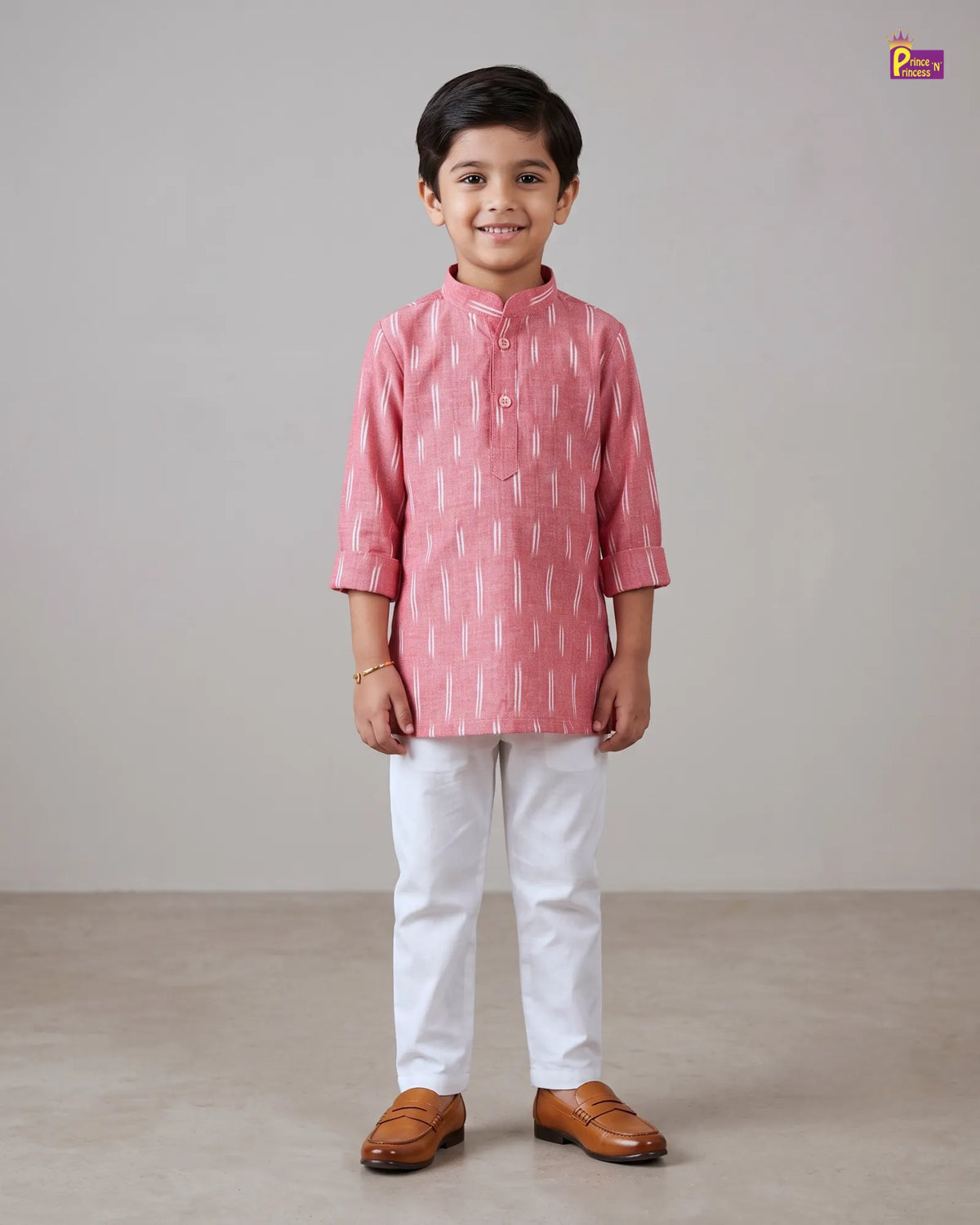 Boys Pink Pure Cotton Ikkat Collar Kurta Pyjama Set KP230