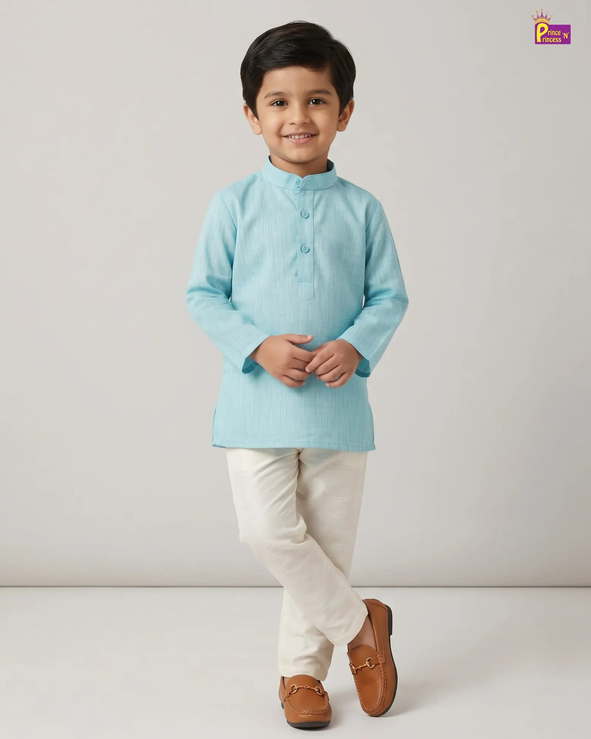 Boys Teal Blue Slub Cotton Kurta Pajama Set KP221