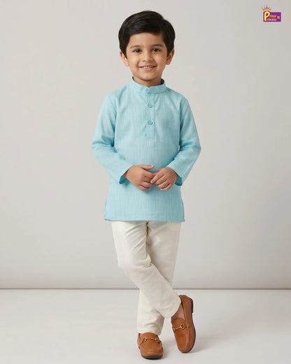 Boys Teal Blue Slub Cotton Kurta Pajama Set KP221