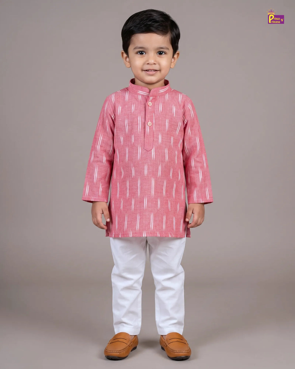 Boys Pink Pure Cotton Ikkat Collar Kurta Pyjama Set KP230