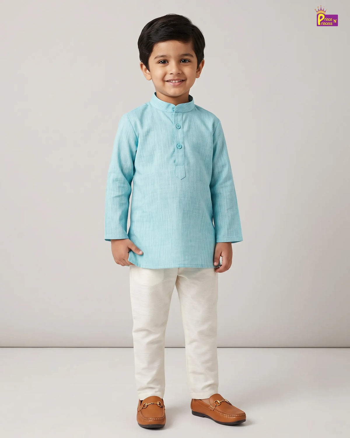 Boys Teal Blue Slub Cotton Kurta Pajama Set KP221