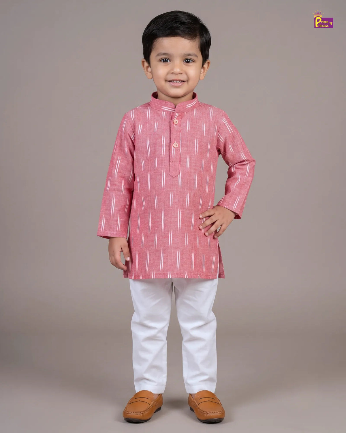 Boys Pink Pure Cotton Ikkat Collar Kurta Pyjama Set KP230