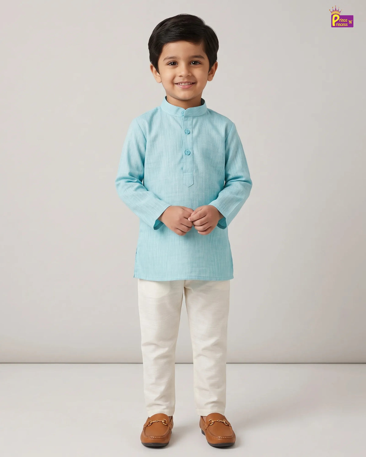 Boys Teal Blue Slub Cotton Kurta Pajama Set KP221