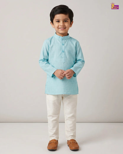 Boys Teal Blue Slub Cotton Kurta Pajama Set KP221
