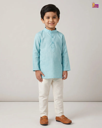 Boys Teal Blue Slub Cotton Kurta Pajama Set KP221