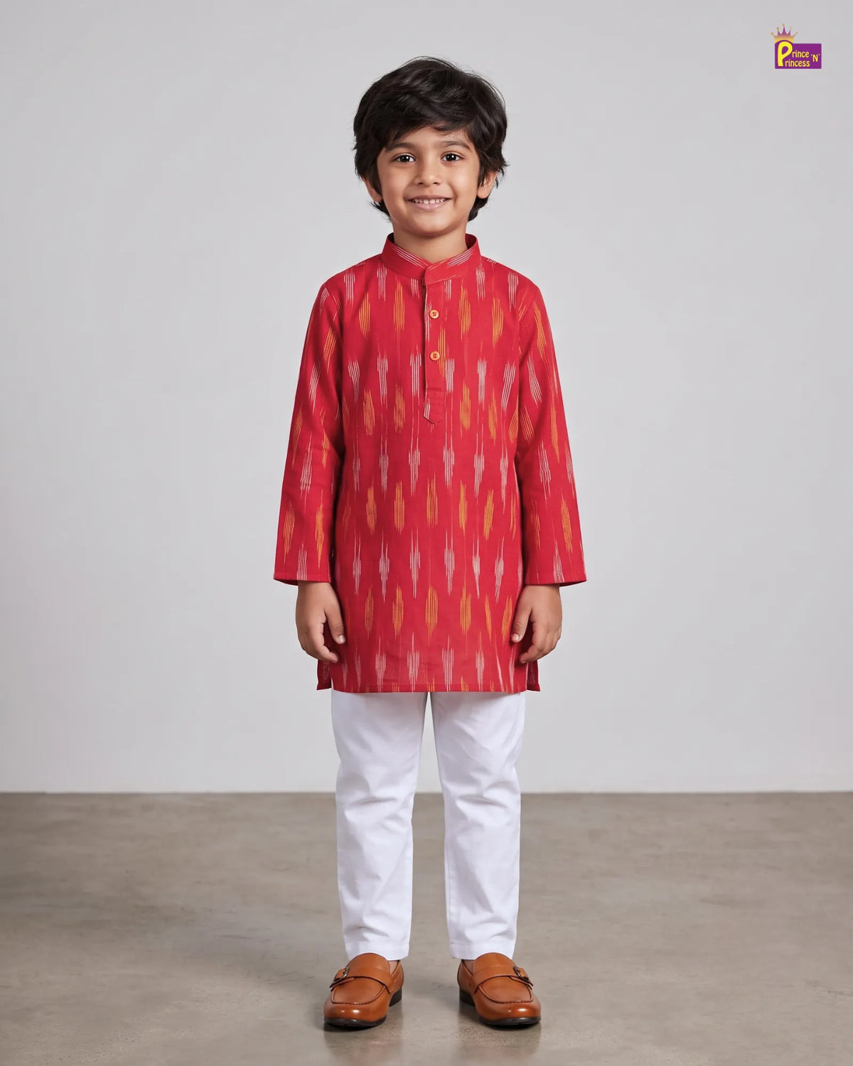 Boys Red Pure Cotton Ikkat Kurta Pyjama Set KP233