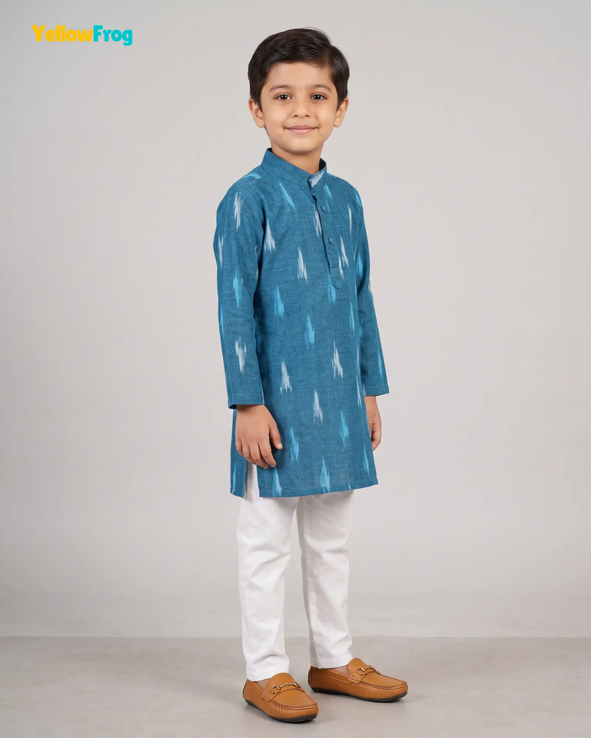 Boys Teal Pure Cotton Ikkat Kurta Pyjama Set  KP229