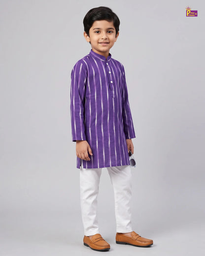 Boys Purple Striped Pure Cotton Ikkat Kurta Pyjama Set KP231