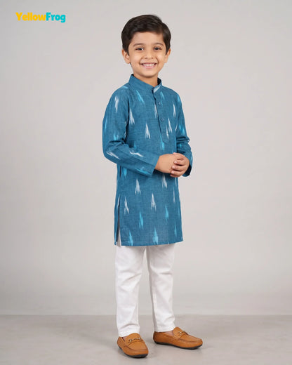 Boys Teal Pure Cotton Ikkat Kurta Pyjama Set  KP229