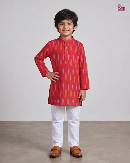 Boys Red Pure Cotton Ikkat Kurta Pyjama Set KP233