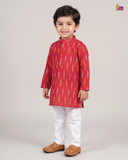 Boys Red Pure Cotton Ikkat Kurta Pyjama Set KP233