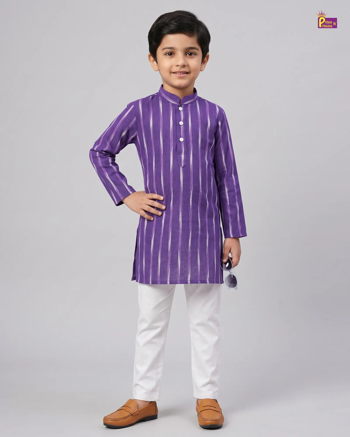 Boys Purple Striped Pure Cotton Ikkat Kurta Pyjama Set KP231