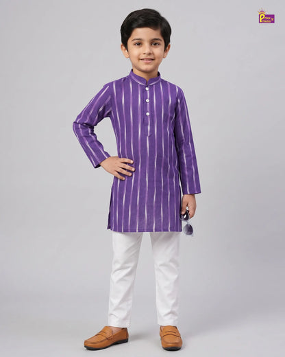Boys Purple Striped Pure Cotton Ikkat Kurta Pyjama Set KP231