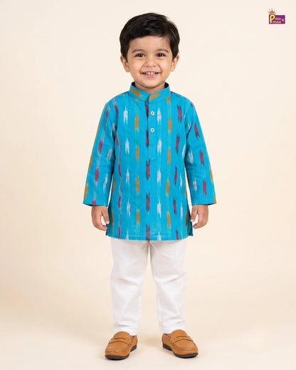 Boys Blue Pure Cotton Ikkat Kurta Pyjama Set KP232
