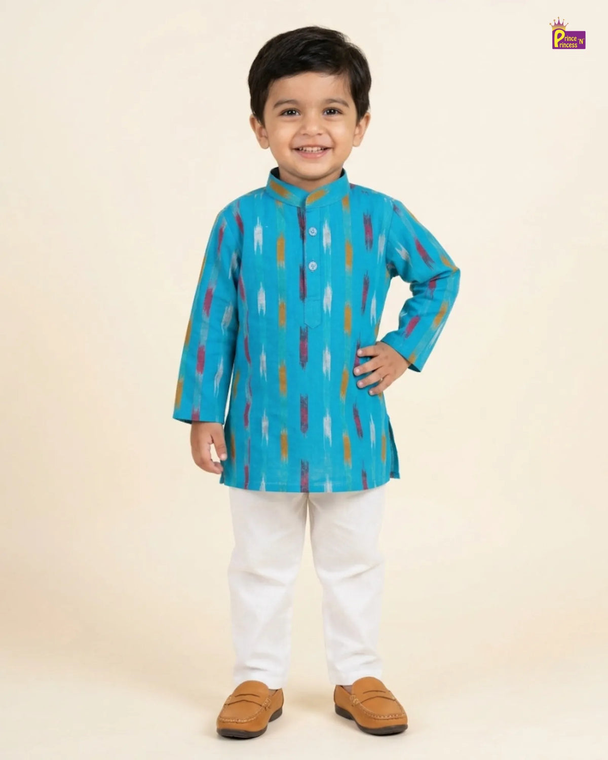 Boys Blue Pure Cotton Ikkat Kurta Pyjama Set KP232