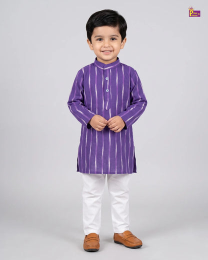 Boys Purple Striped Pure Cotton Ikkat Kurta Pyjama Set KP231