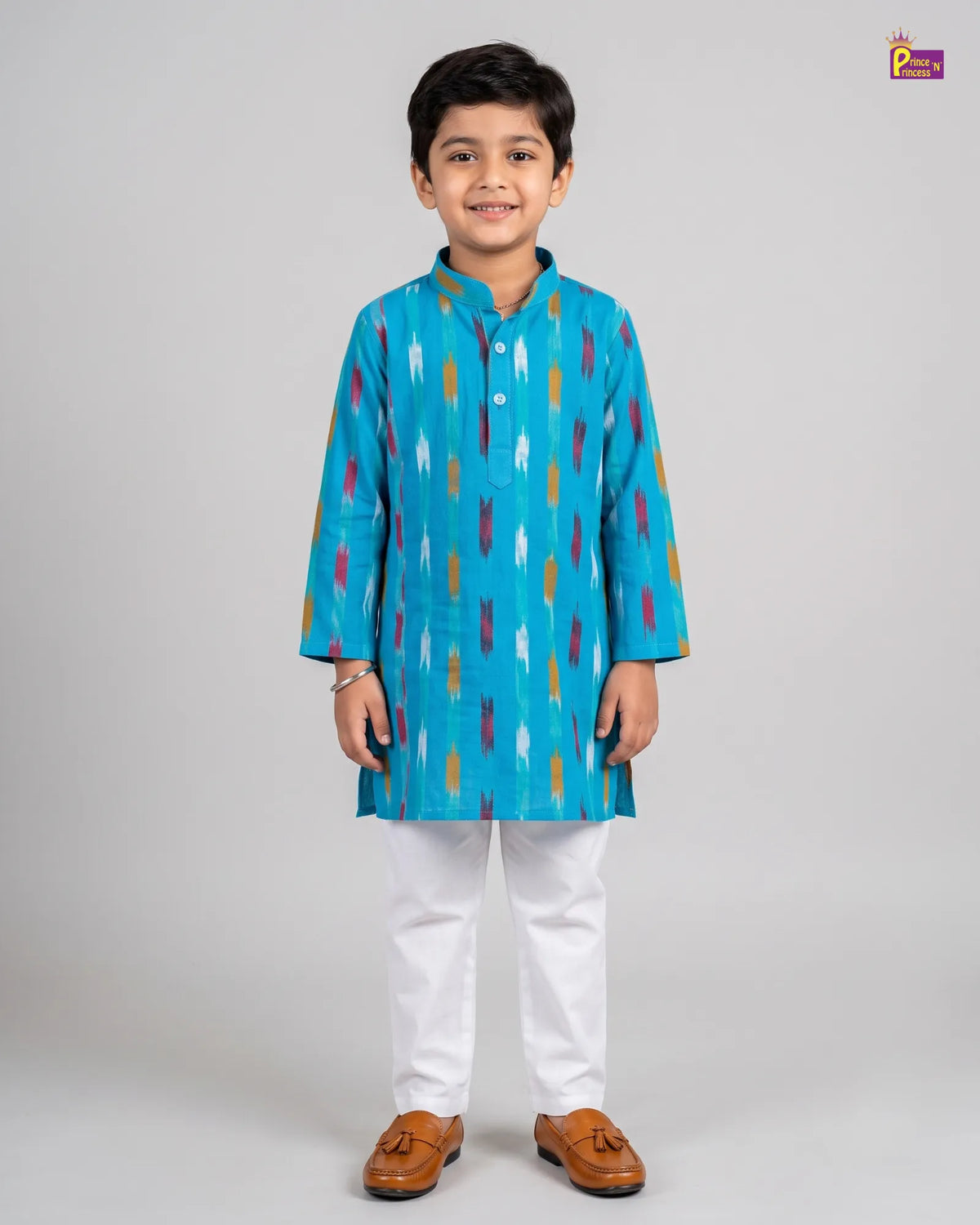 Boys Blue Pure Cotton Ikkat Kurta Pyjama Set KP232