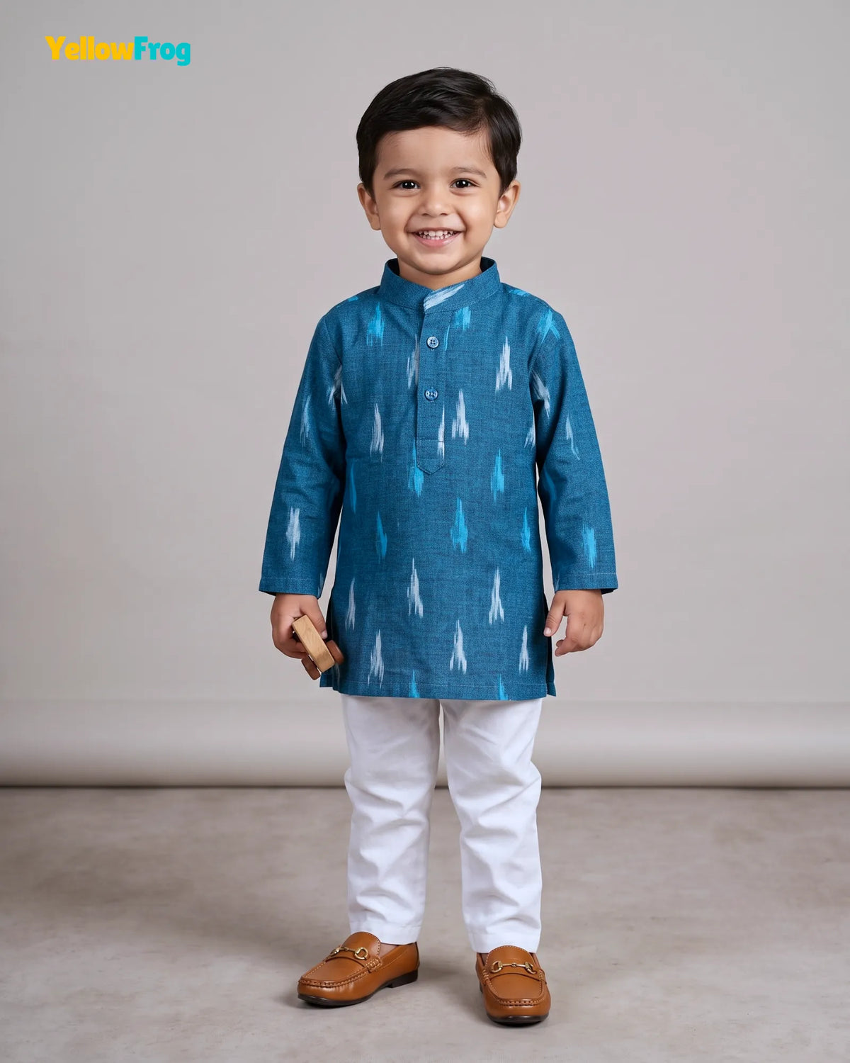 Boys Teal Pure Cotton Ikkat Kurta Pyjama Set  KP229