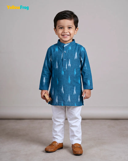 Boys Teal Pure Cotton Ikkat Kurta Pyjama Set  KP229