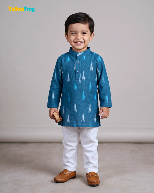 Boys Teal Pure Cotton Ikkat Kurta Pyjama Set  KP229