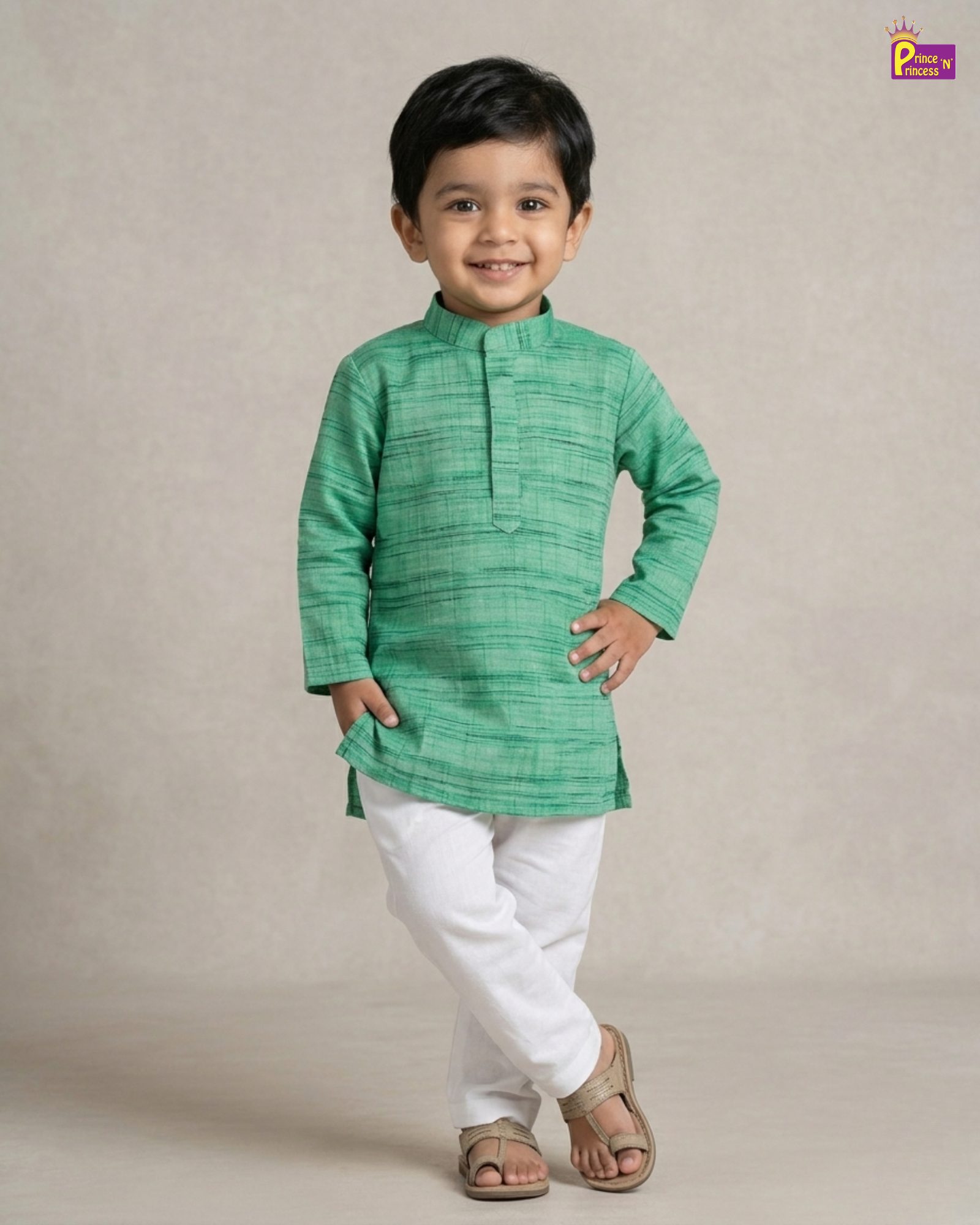 Child wearing a green kurta with white pants on a beige background