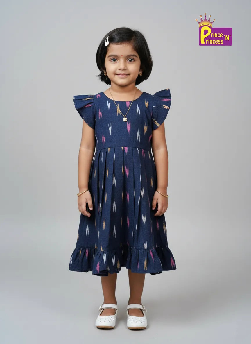 Kids Blue Ikkat Cotton Frock CF390