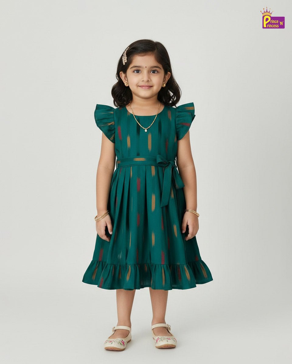 Kids Rama Green Ikkat Cotton Frock CF391