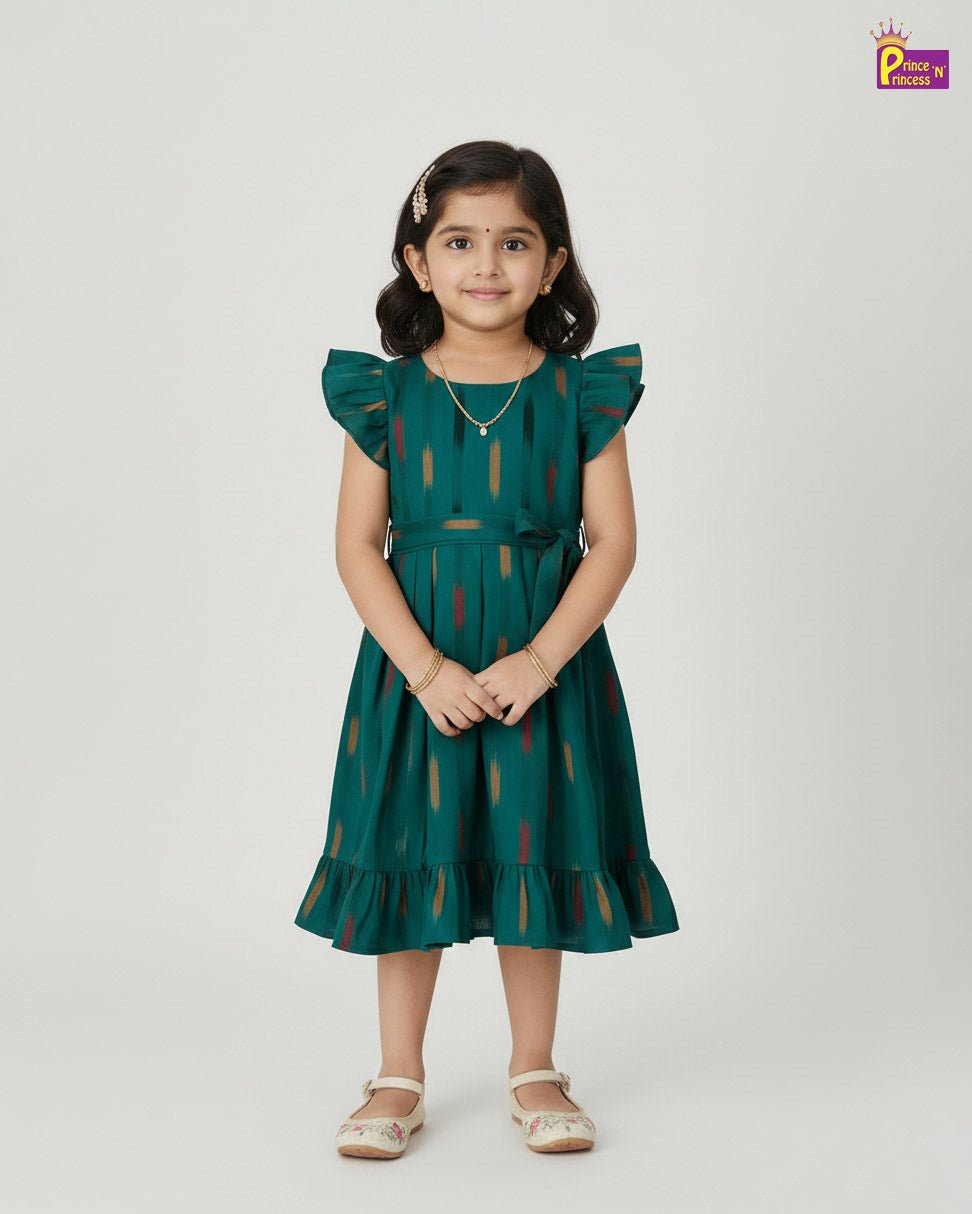 Kids Rama Green Ikkat Cotton Frock CF391