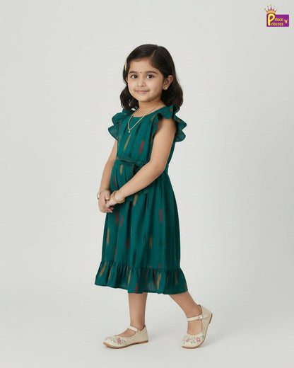 Kids Rama Green Ikkat Cotton Frock CF391