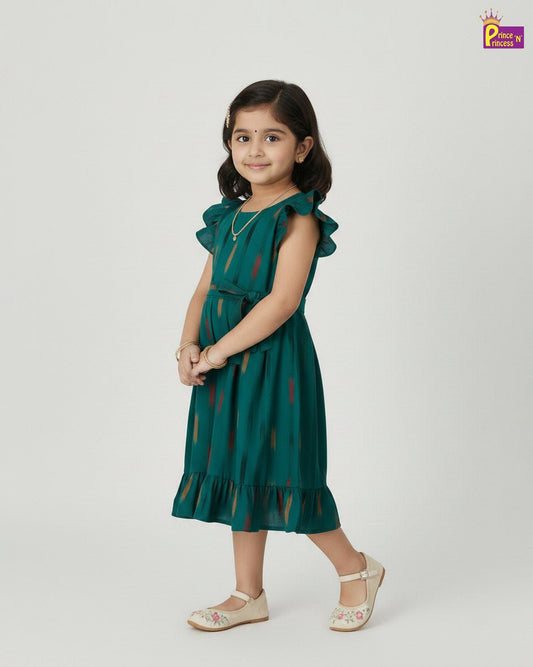 Kids Rama Green Ikkat Cotton Frock CF391