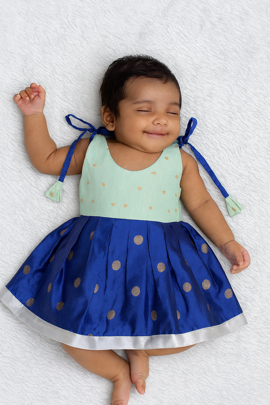 New Born Pista Blue Pattu frock LF354